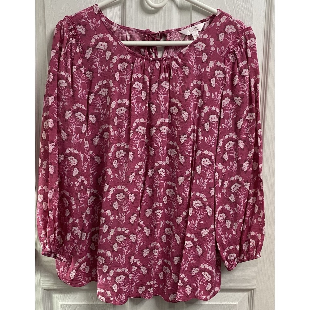 Lauren Conrad Womens Long Sleeve Blouse Floral Pullover Top Hot Pink Tunic XXL